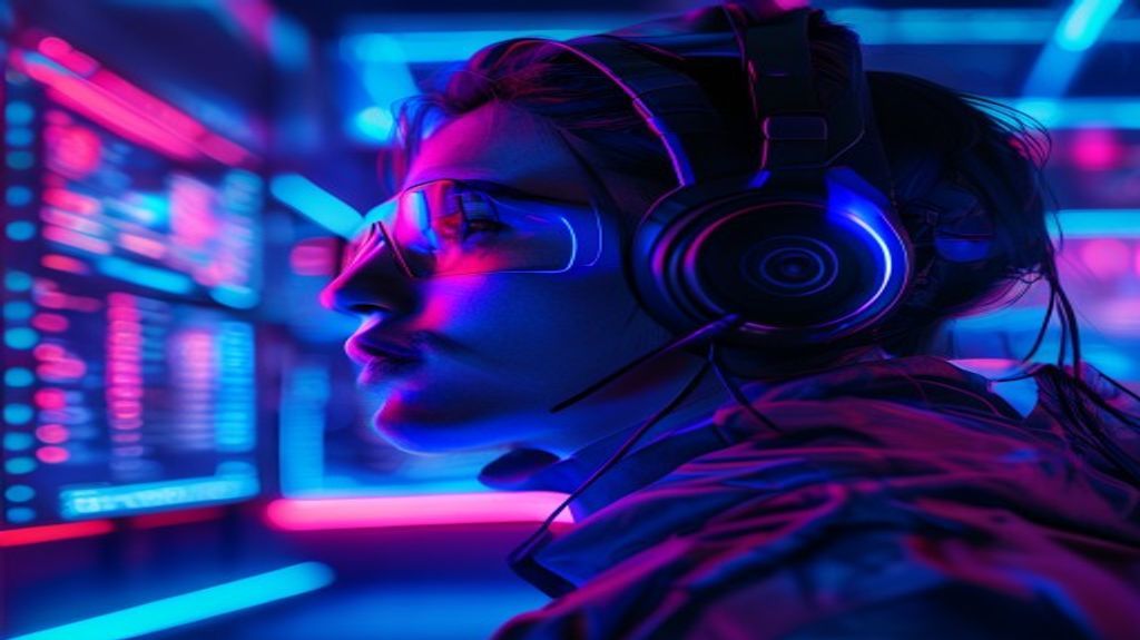 Futuristic gamer in a neon cyberpunk room