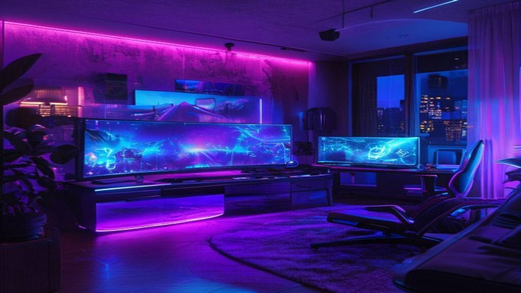 Futuristic gaming setup with holographic displays