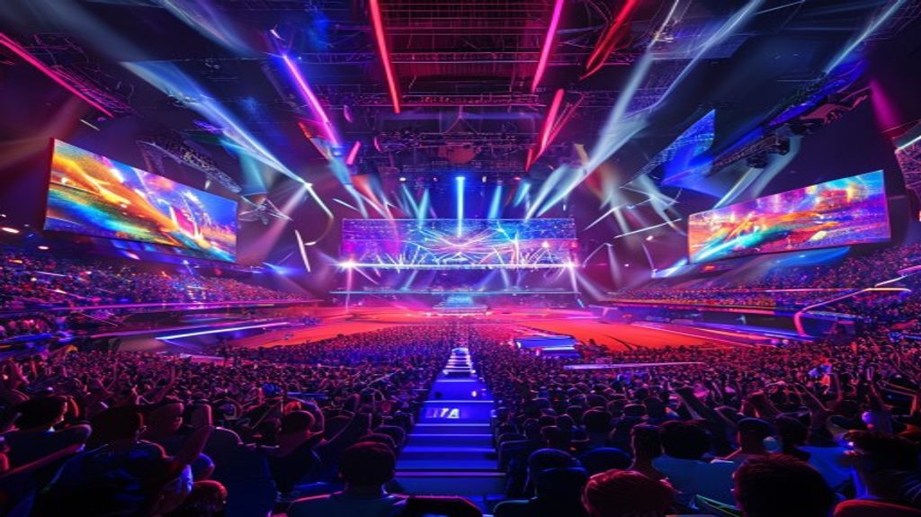 A packed esports arena with massive LED screens