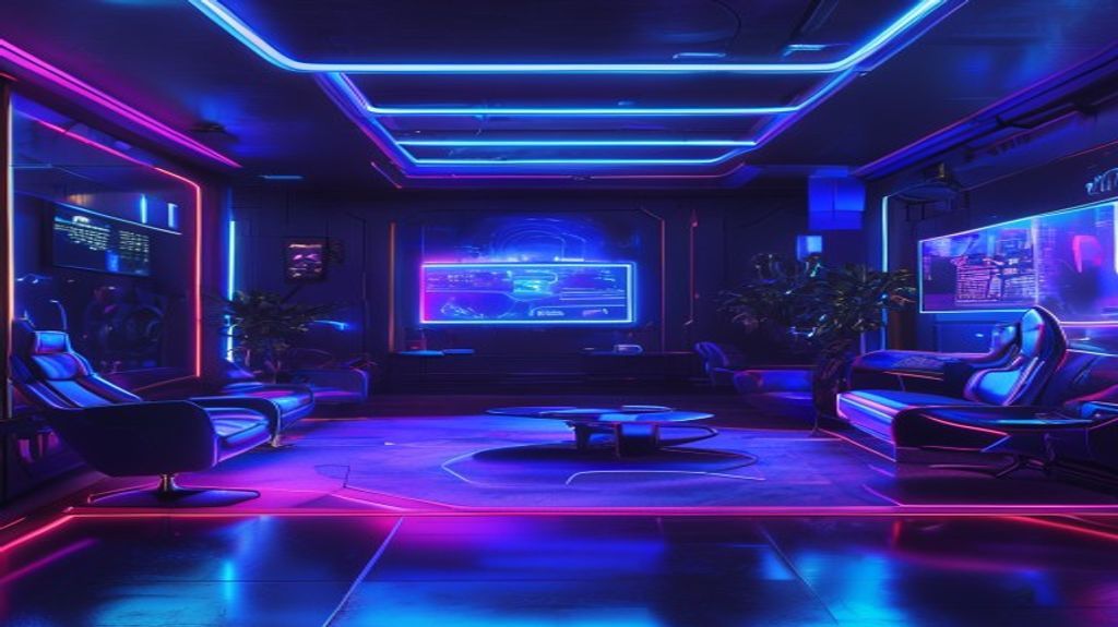 Futuristic cloud gaming setup with holographic displays