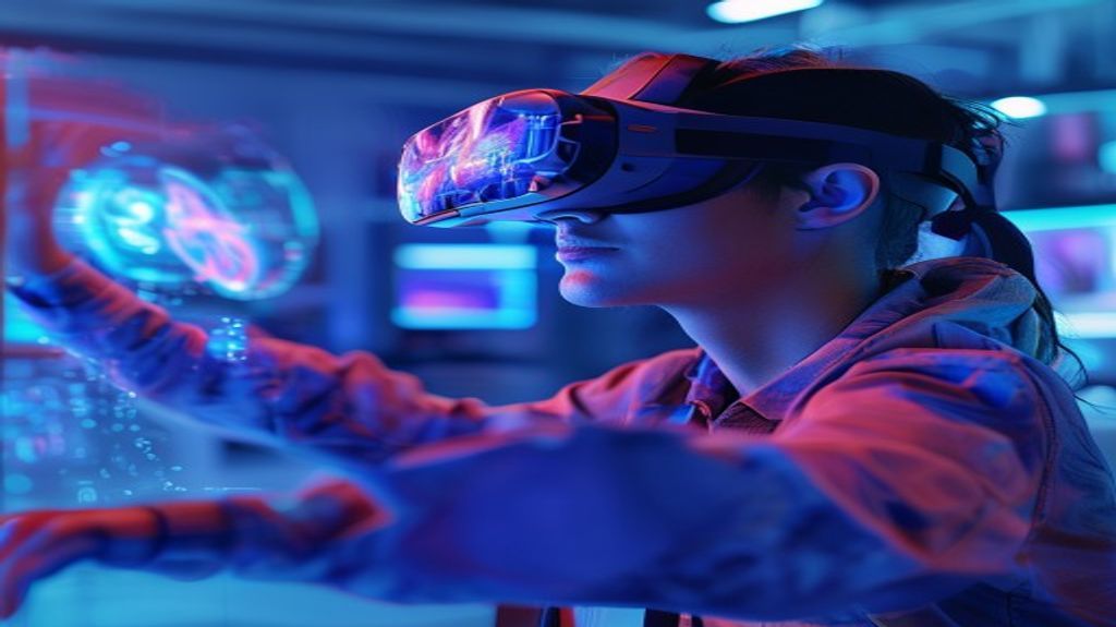 Developer using VR goggles and holographic interfaces