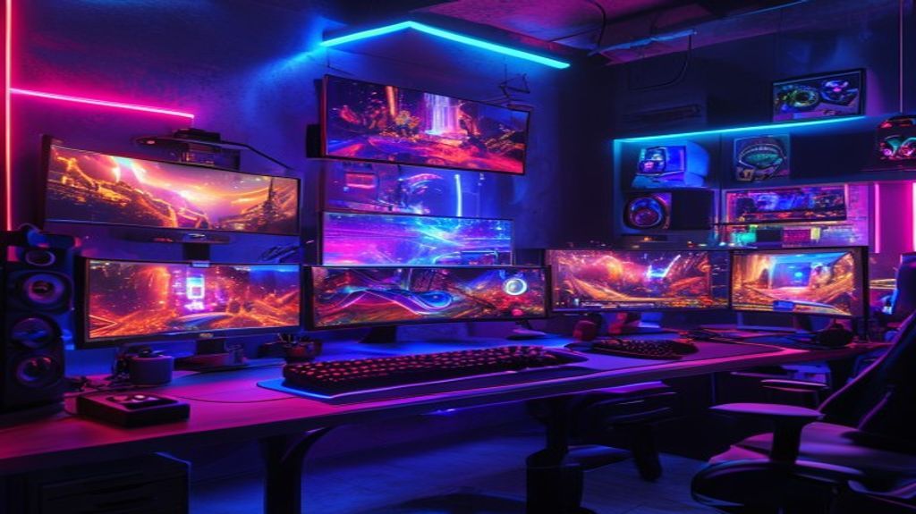 Futuristic gaming setup with glowing neon lights
