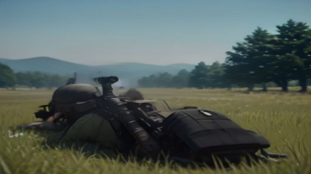 PUBG Mobile player aiming with a customized M416 from a prone position, focusing on tactical gear and weapon in a green field with distant smoke.