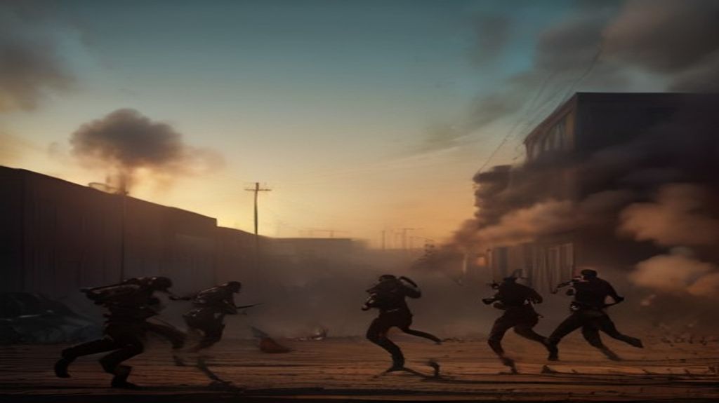 A PUBG Mobile squad coordinating in urban combat, one player throwing smoke while another provides cover fire, dynamic and intense.