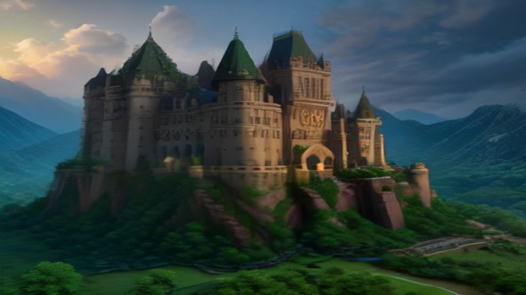 A grand Minecraft castle at sunset, showcasing intricate architectural details and extensive custom terraforming.