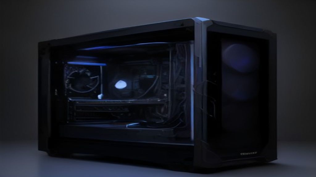 Close-up, overhead shot of a clean hand delicately inspecting components inside a gaming PC, focusing on a GPU fan, surrounded by detailed hardware, conveying precision in troubleshooting.