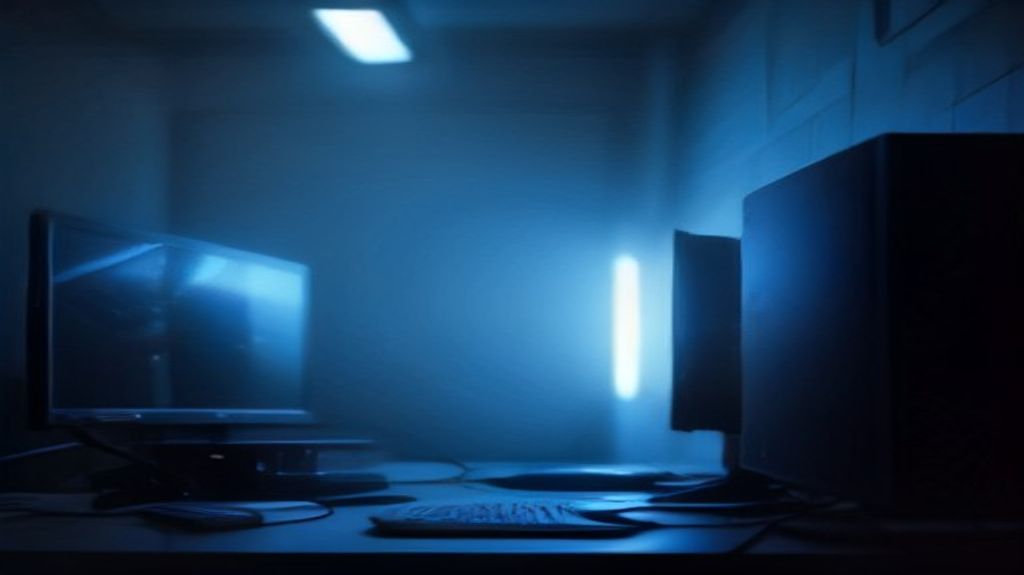 A frustrated gamer stares at a monitor displaying lag spikes and error messages, surrounded by gaming gear.