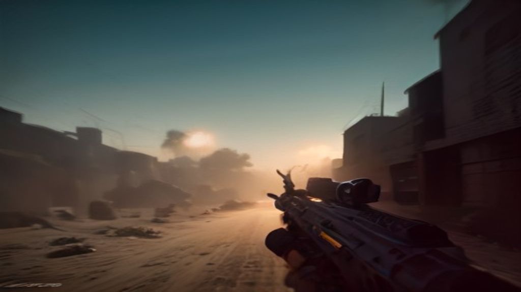 Player's first-person view aiming a custom assault rifle in a smoky, dusty urban Call of Duty battlefield.
