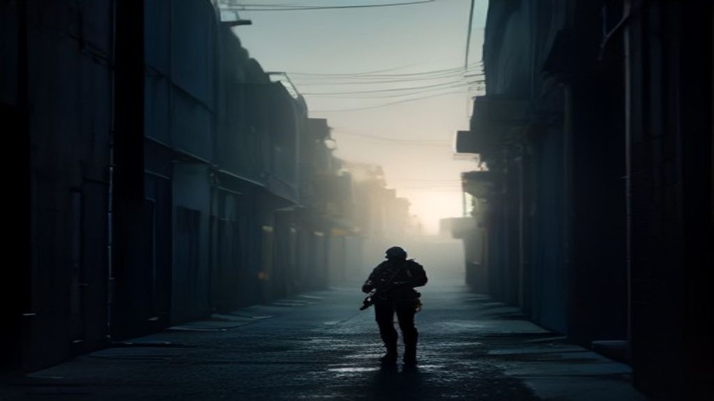 A tactical character aiming a customized Mk II Special Carbine Rifle in a shadowy Los Santos alley at dusk.
