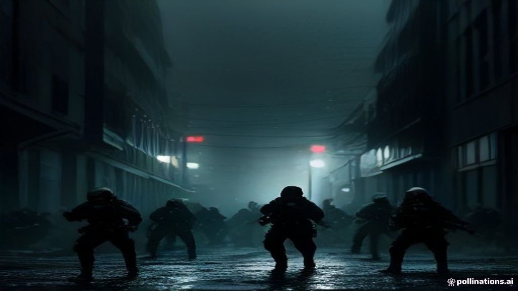 A squad of Call of Duty operators engaging in intense urban combat at dusk, with muzzle flashes and explosions