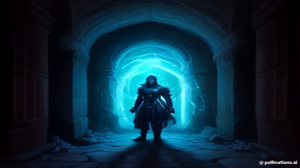 A player in shimmering diamond armor stands before an active, purple Nether portal. Nearby, an enchanting table glows with runic symbols, surrounded by bookshelves in a cozy, stone-walled underground room.