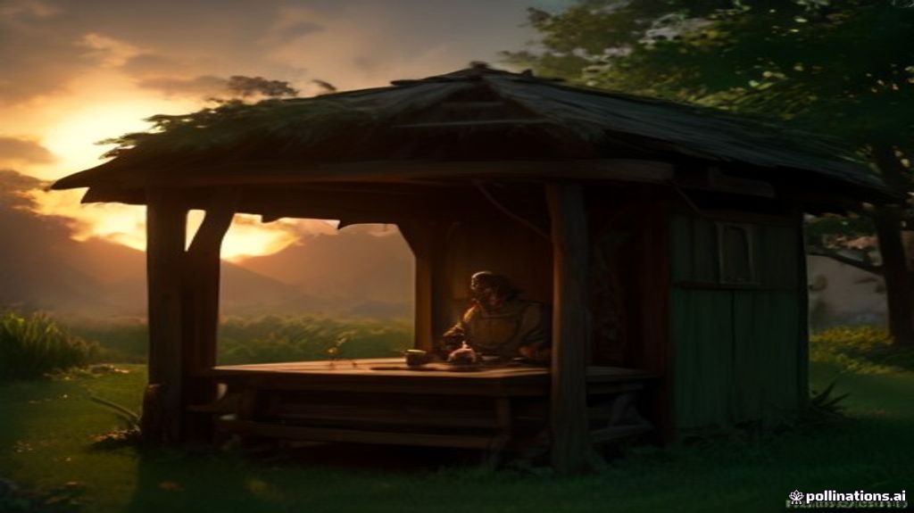 A player in iron armor stands beside a small, functional wooden shelter at sunset, surrounded by plains. Inside, a crafting table and furnace are visible, illuminated by the warm light.
