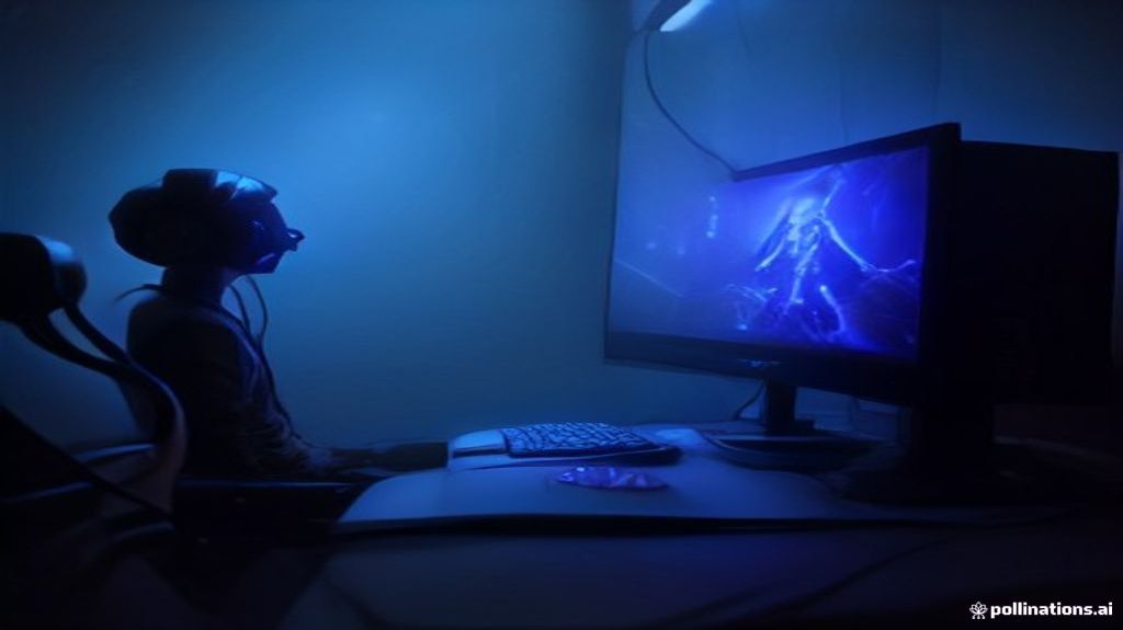 A gamer at a high-end PC setup, illuminated by vibrant RGB lighting, focused on a game.