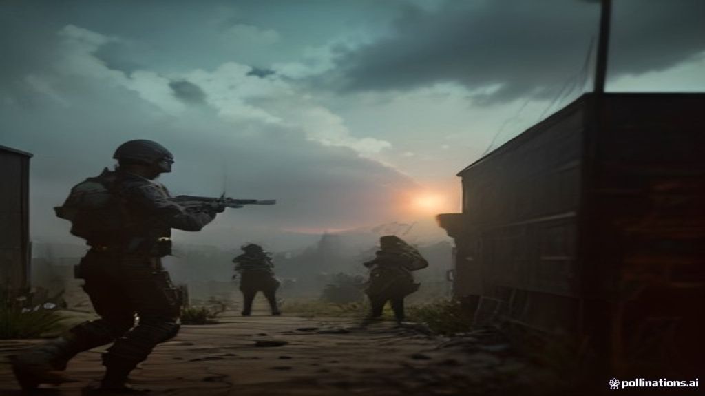 A diverse team of four PUBG Mobile players in tactical gear engaged in a intense firefight on a large battle royale map during sunset, demonstrating teamwork and combat roles.