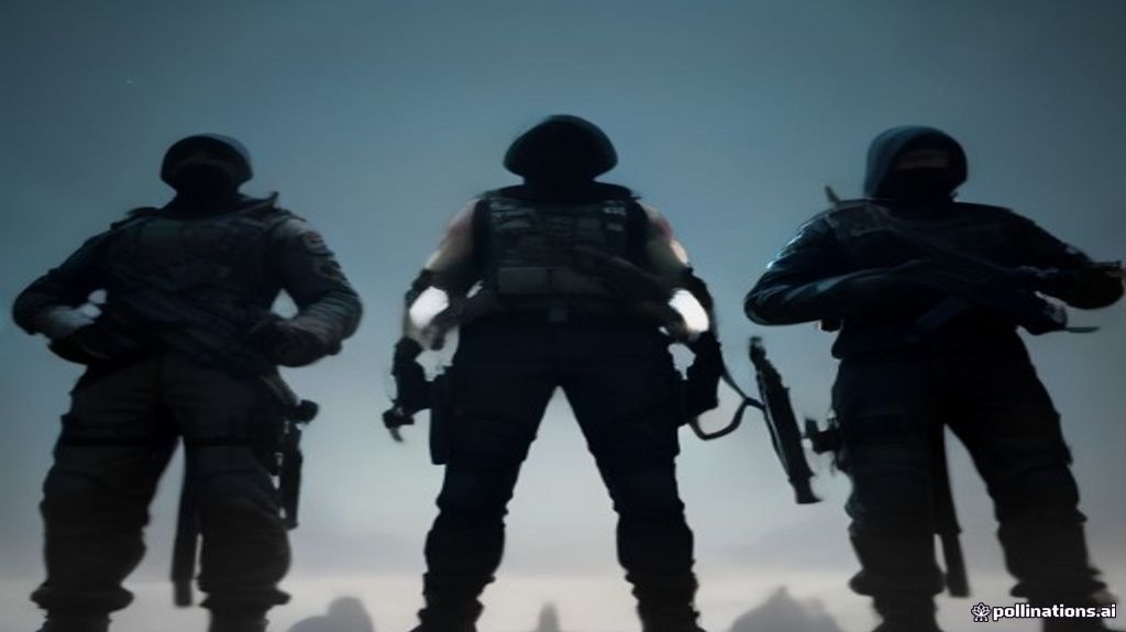 Four highly customized GTA Online player characters, armed with high-tier weapons, stand ready for a mission outside a futuristic facility, conveying a sense of teamwork and preparedness.